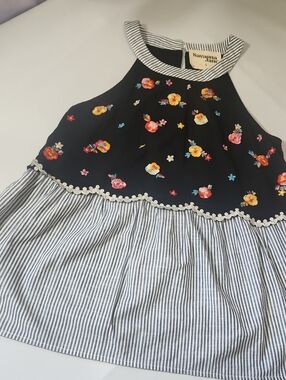 🐦Savanna Jane Black Floral Halter Top with Blue Stripe Skirt